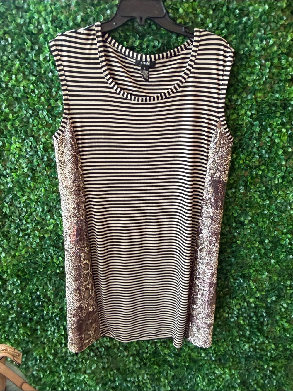 Alfani Black and Cream Striped Sleeveless Top with Sequined Animal Print Panels